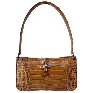 Longchamp Roseau Croc Embossed Shoulder Bag Vintage Leather Y2K Bamboo Toggle